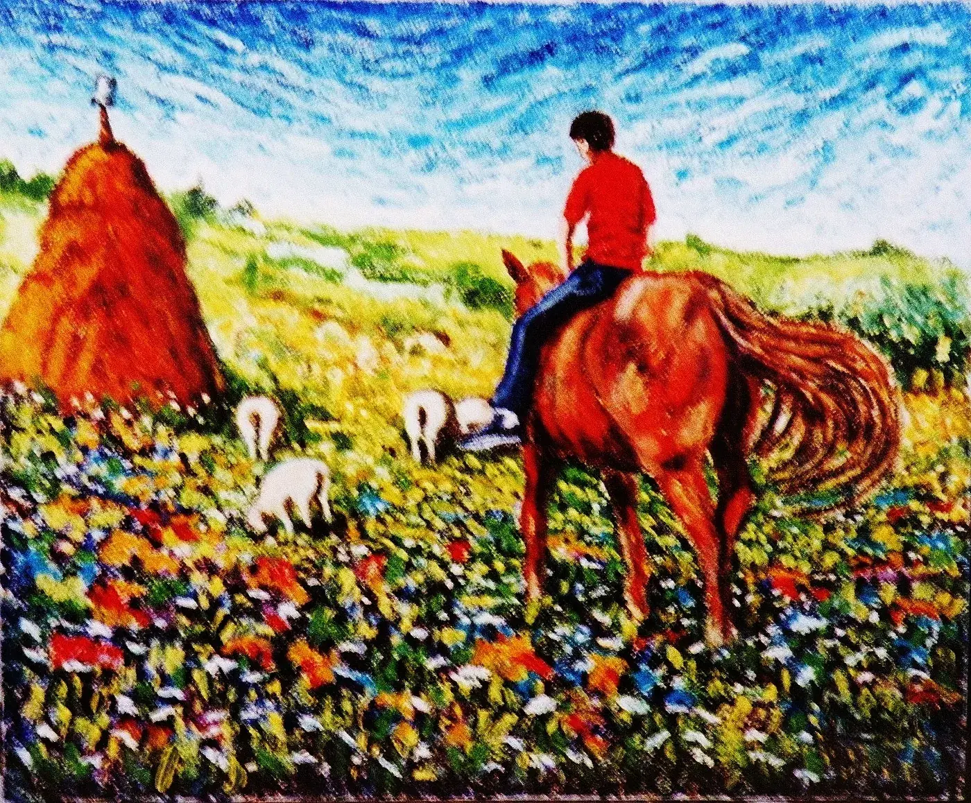 Dipinto di Gaetano Minale: un bambino a cavallo tra un pagliaio e un campo fiorito, con pecore al pascolo