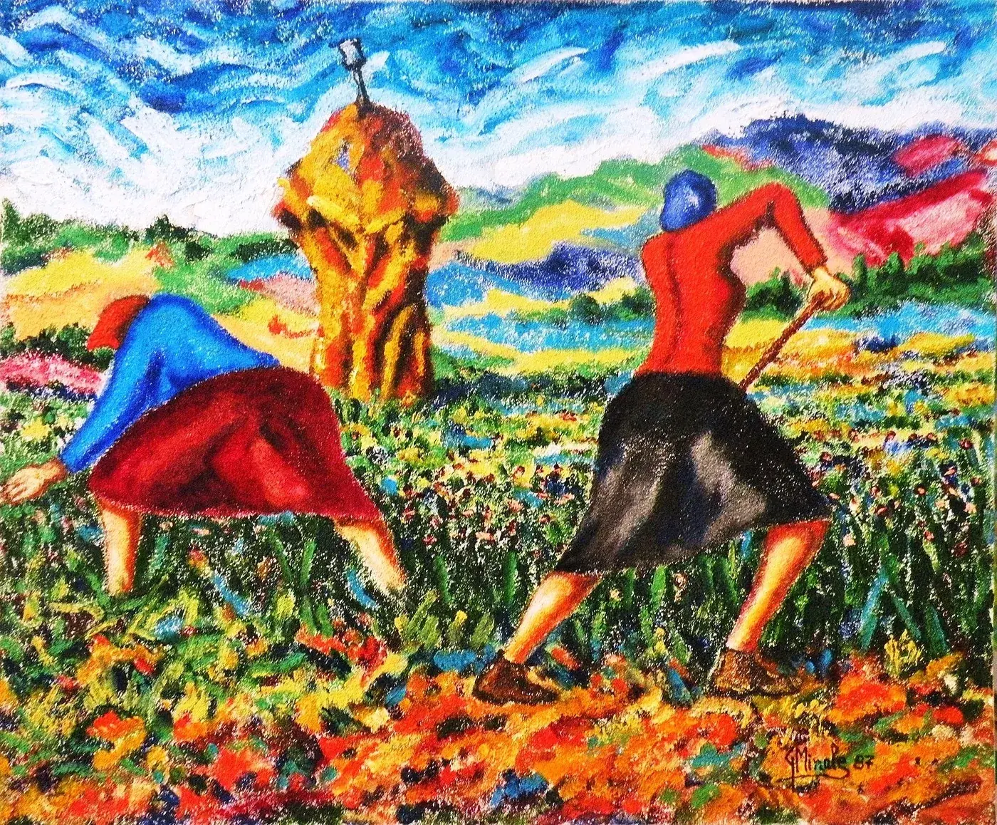 Dipinto di Gaetano Minale: due contadine al lavoro nei campi accanto a un pagliaio