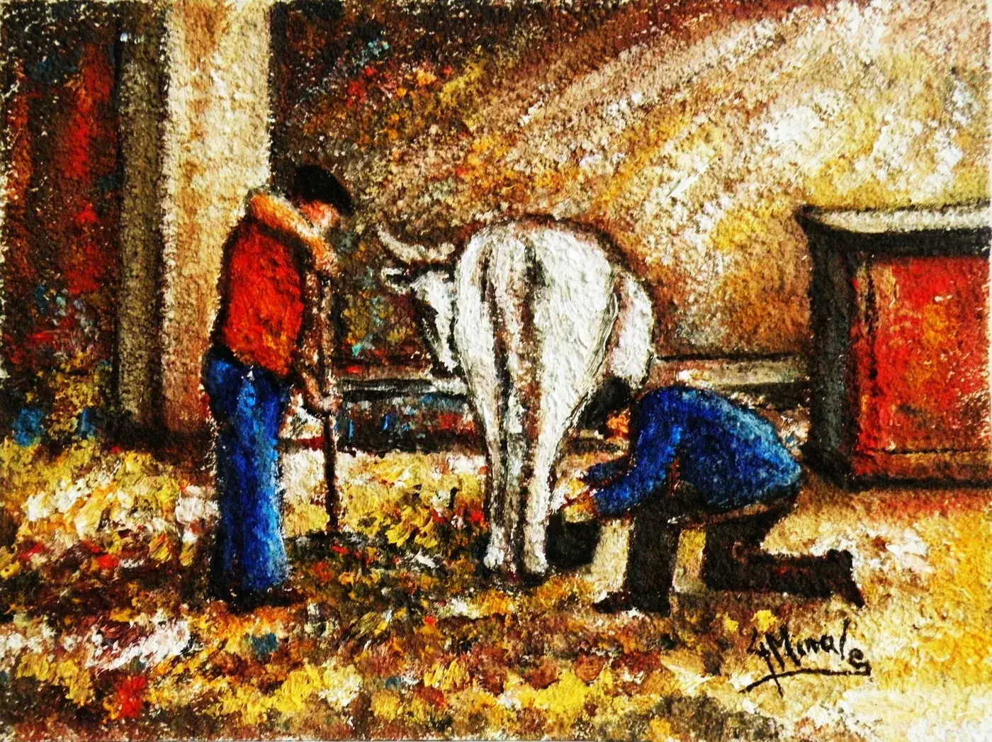 Dipinto di Gaetano Minale: una scena di mungitura in una stalla di campagna