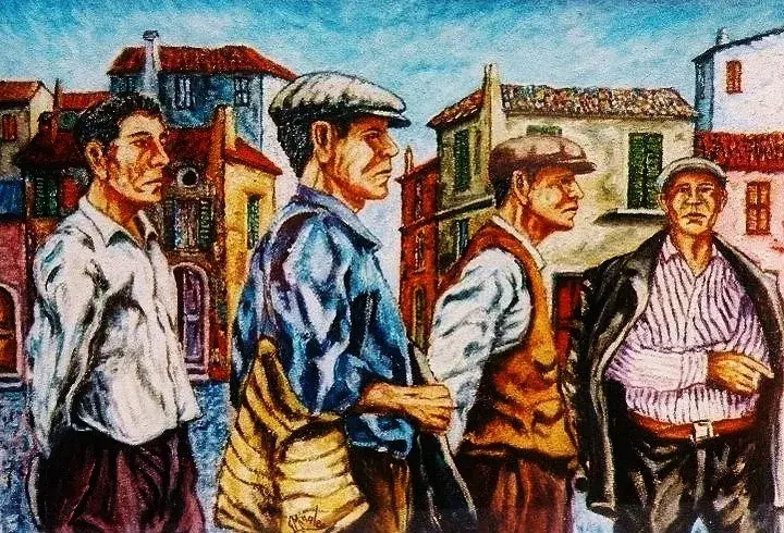 Dipinto di Gaetano Minale raffigurante uomini di paese in un borgo abruzzese